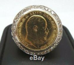 STUNNING YG MEN'S EDWARDVS VII COIN & DIAMOND RING SZ 8 A12866 26.29 grams