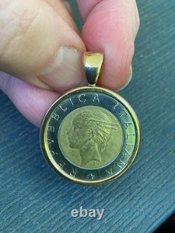 Solid 14k Gold Frame Italian 500 Lire Coin Pendant 9 Grams Total Estate Vintage