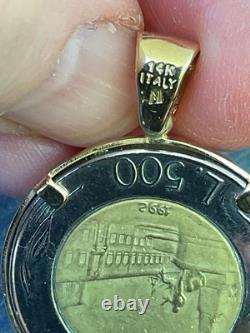 Solid 14k Gold Frame Italian 500 Lire Coin Pendant 9 Grams Total Estate Vintage