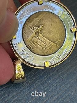 Solid 14k Gold Frame Italian 500 Lire Coin Pendant 9 Grams Total Estate Vintage