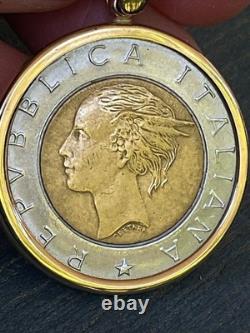 Solid 14k Gold Frame Italian 500 Lire Coin Pendant 9 Grams Total Estate Vintage