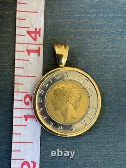 Solid 14k Gold Frame Italian 500 Lire Coin Pendant 9 Grams Total Estate Vintage
