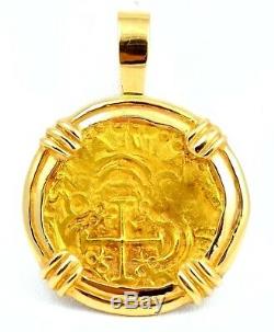 Spain 2 Escudos Gold Doubloon Cob Coin in Custom 14K Porthole Pendant 13 GRAMS