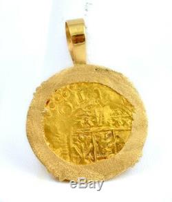 Spain 2 Escudos Gold Doubloon Cob Coin in Custom 14K Porthole Pendant 13 GRAMS