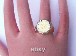 Superb Mens Solid 22ct Gold Dos Pesos Coin Signet Pinky Ring Size R 7.7 Grams