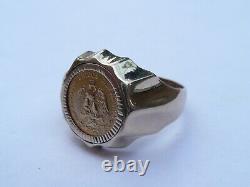 Superb Mens Solid 22ct Gold Dos Pesos Coin Signet Pinky Ring Size R 7.7 Grams
