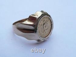 Superb Mens Solid 22ct Gold Dos Pesos Coin Signet Pinky Ring Size R 7.7 Grams