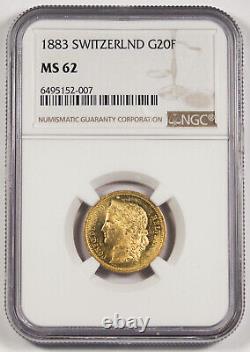Switzerland 1883 B 20 Francs 6.45 Gram 90% Gold Coin NGC MS62 HELVETIA KM# 31.1