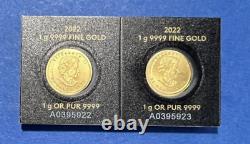 Two 2022 Gold Royal Canadian 1 Gram Maple Leaf Gold Coins 9999 Maplegram Assay