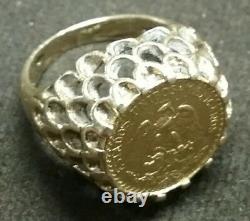 UNIQUE Solid 14k Yellow Gold Coin Pinky RING with1945 Mexico 2 Peso 7 Grams Size 4