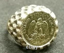 UNIQUE Solid 14k Yellow Gold Coin Pinky RING with1945 Mexico 2 Peso 7 Grams Size 4