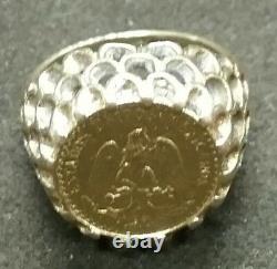 UNIQUE Solid 14k Yellow Gold Coin Pinky RING with1945 Mexico 2 Peso 7 Grams Size 4