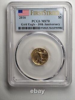 USA 2016 5 DOLLAR GOLD EAGLE (PCGS MS 70)FIRST STRIKE 3.39grams FLAWLESS