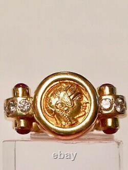 Unisex Greek 18kt Yellowgold Coindiamondrubyhandmade Ring 10 Gramssz5 1/2