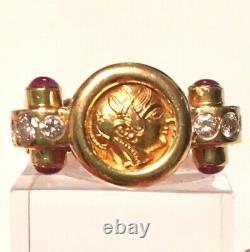 Unisex Greek 18kt Yellowgold Coindiamondrubyhandmade Ring 10 Gramssz5 1/2