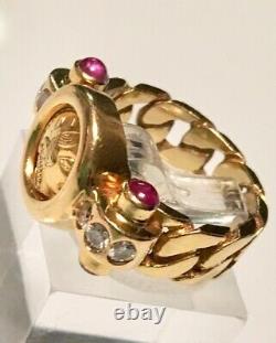 Unisex Greek 18kt Yellowgold Coindiamondrubyhandmade Ring 10 Gramssz5 1/2