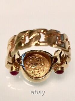 Unisex Greek 18kt Yellowgold Coindiamondrubyhandmade Ring 10 Gramssz5 1/2