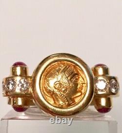 Unisex Greek 18kt Yellowgold Coindiamondrubyhandmade Ring 10 Gramssz5 1/2