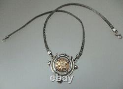 VINTAGE SOLID 14K YELLOW GOLD SUN COIN & STERLING SILVER NECKLACE 24 Grams 17.5