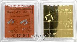 Valcambi Suisse Combibar 20 Grams. 999 Fine Pure Gold Breakaway Bar Certificate