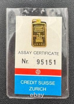 Vintage 1 Gram. 9999 Credit Suisse Gold Bar 14kt Gold Bezel with 4mm Bale in OGP