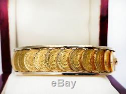 Vintage 18K & 21K Gold 13 Mexican Coins 1945 2 PESOS Bangle Bracelet 57.30 Grams