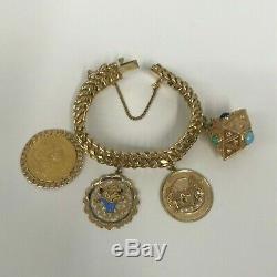 Vintage 18K Gold Charm Bracelet Etruscan Mexico 20 Pesos Coin 4 Charms 139 Grams