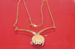 Vintage 1945 DOS PESOS 22K GOLD COIN 14K YELLOW GOLD Necklace 5.6 Grams Ladies