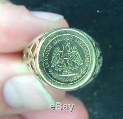 Vintage 1945 Mexican Dos Pesos 22K Coin Ring in 14K 585 Coin Gold, 4.6 Grams