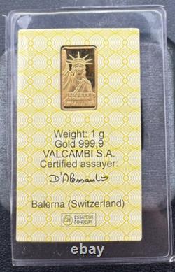 Vintage 1985 1 Gram. 9999 Credit Suisse Statue of Liberty Gold Bar with Assay Card