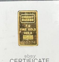 Vintage 1985 1 Gram. 9999 Credit Suisse Statue of Liberty Gold Bar with Assay Card
