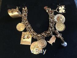 Vintage Charm Bracelet 14K Gold Charms, Coin, Bracelet 12k G. F. 82.1 Grams TOTAL