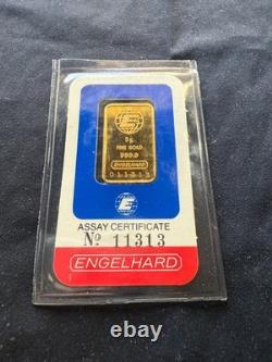 Vintage Engelhard 5 Grams Fine. 9999 Gold Bar Sealed Assay Card Rare