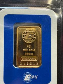 Vintage Engelhard 5 Grams Fine. 9999 Gold Bar Sealed Assay Card Rare