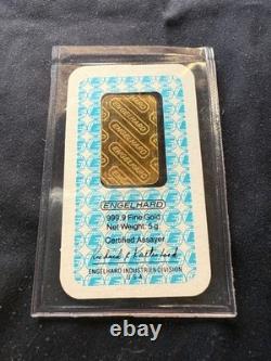 Vintage Engelhard 5 Grams Fine. 9999 Gold Bar Sealed Assay Card Rare