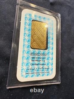 Vintage Engelhard 5 Grams Fine. 9999 Gold Bar Sealed Assay Card Rare