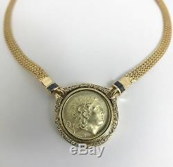 Vintage Greek Coin Diamond Sapphire Pendant Necklace, 18K Yellow Gold, 34 Grams
