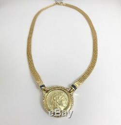 Vintage Greek Coin Diamond Sapphire Pendant Necklace, 18K Yellow Gold, 34 Grams