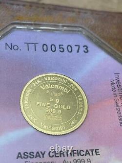 Vintage Valcambi Suisse 5 grams. 999 Gold Rose Coin Sealed Assay Case Rare